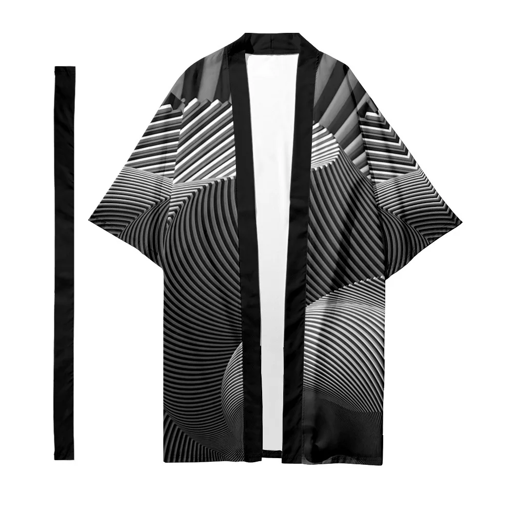 

Men's Japanese Long Kimono Cardigan Men's Samurai Costume Kimono Optical Illusion Pattern Kimono Shirt Yukata Jacket