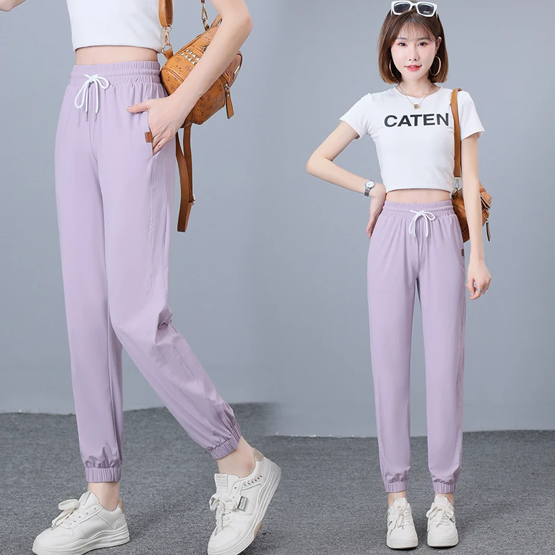New Women'S Summer Thin Quick Drying Ice Silk Fashion Versatile 9-Point Trousers Korean Version Breathable Casual Sports Pants