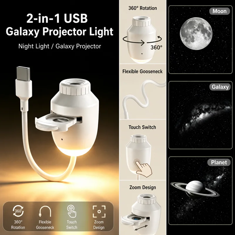 USB 2‑in‑1 Star Projector Adjustable Brightness Night Light Ambient Light 360 Bendable Zoomable Projection Multi‑Pattern Lamp