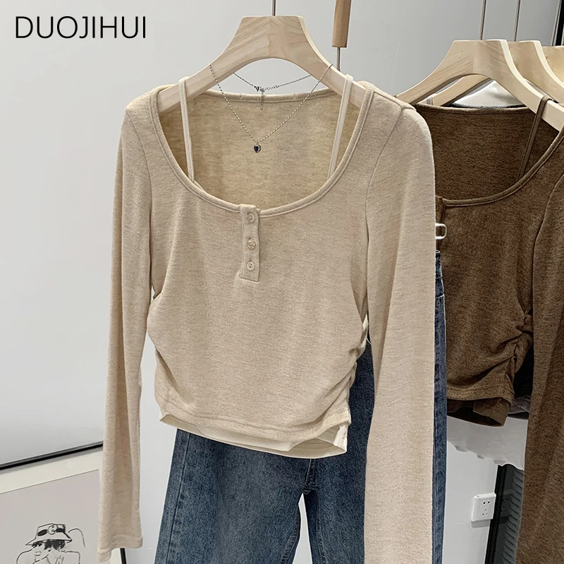 DUOJIHUI Oatmeal Fake Two Piece Chic Button O-neck Women T-shirts Autumn Classic Straight Fashion Simple Casual Female T-shirts