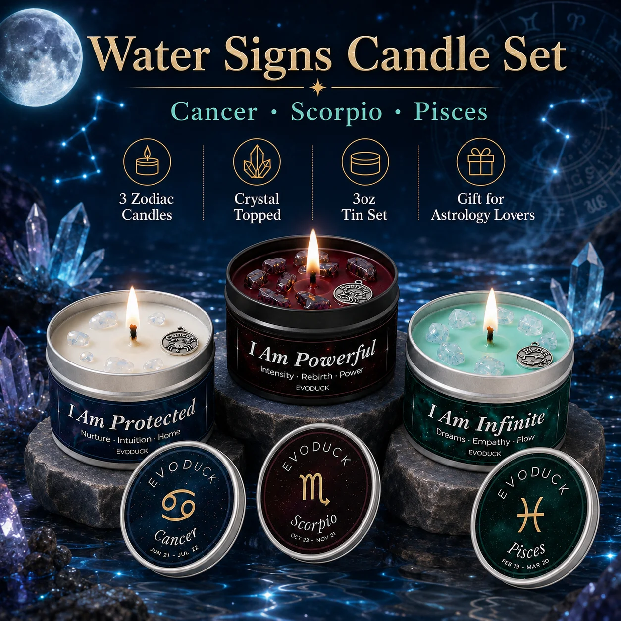 Water Signs Zodiac Candle Set 3 Pack Cancer Scorpio Pisces Scented Soy Candles with Healing Crystal Gemstones 3oz Tin Astrology Affirmation Candle Meditation Spiritual Gift Set for Women Halloween Mothers Day Baby Shower Astrology Lovers Mom Daughter