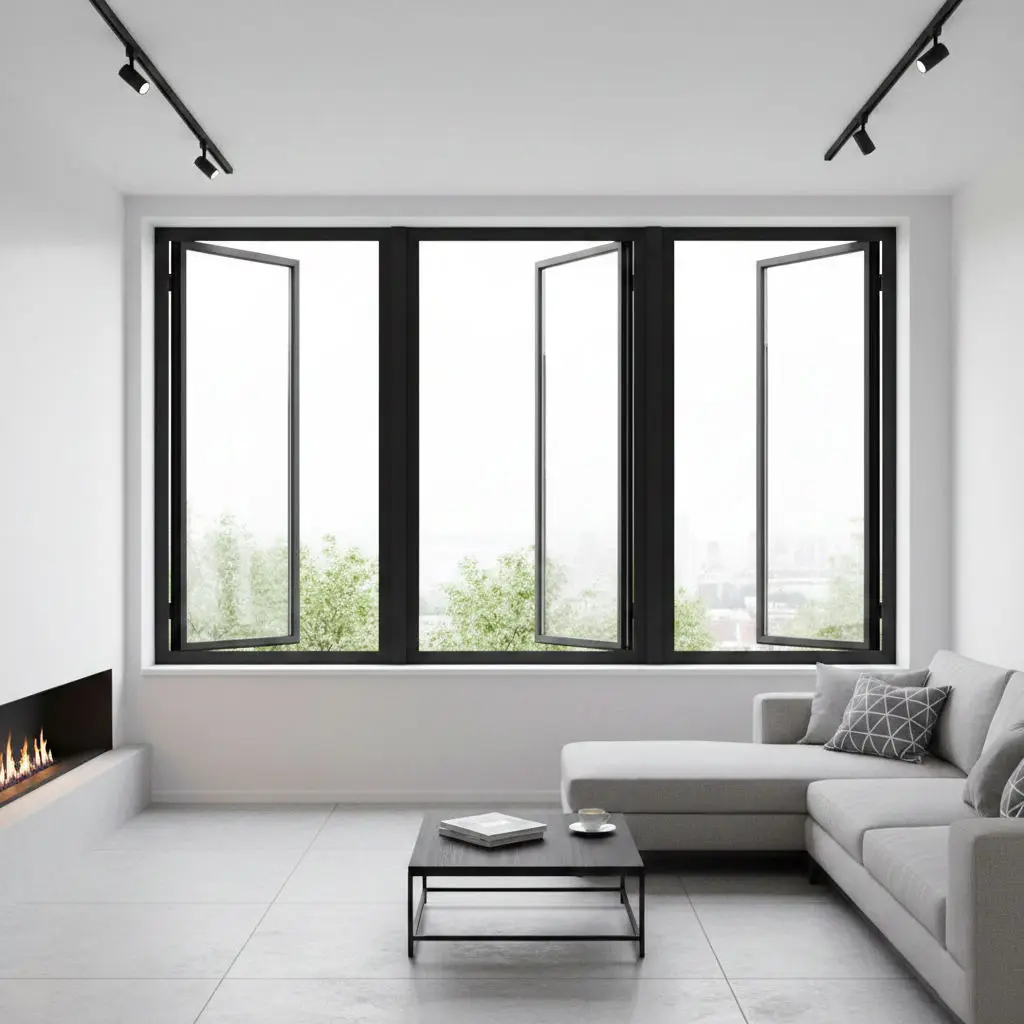 Fashionable Large Size Narrow Aluminum Frame Glass Window Minimalist Style Living Room Hinged Windows Rainproof Sunshade Windows