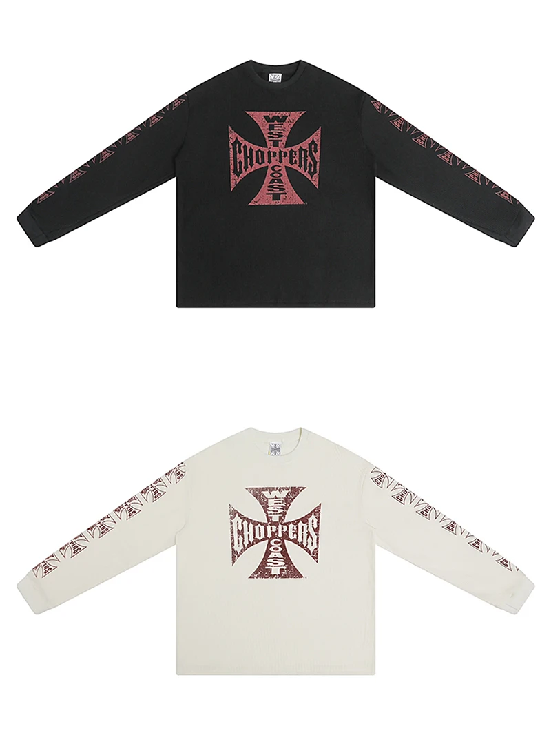 

West Coast Choppers Long-sleeved T-shirts Crack Cross Printing T-shirt Loose Casual Roundneck Tops Tee Y2K