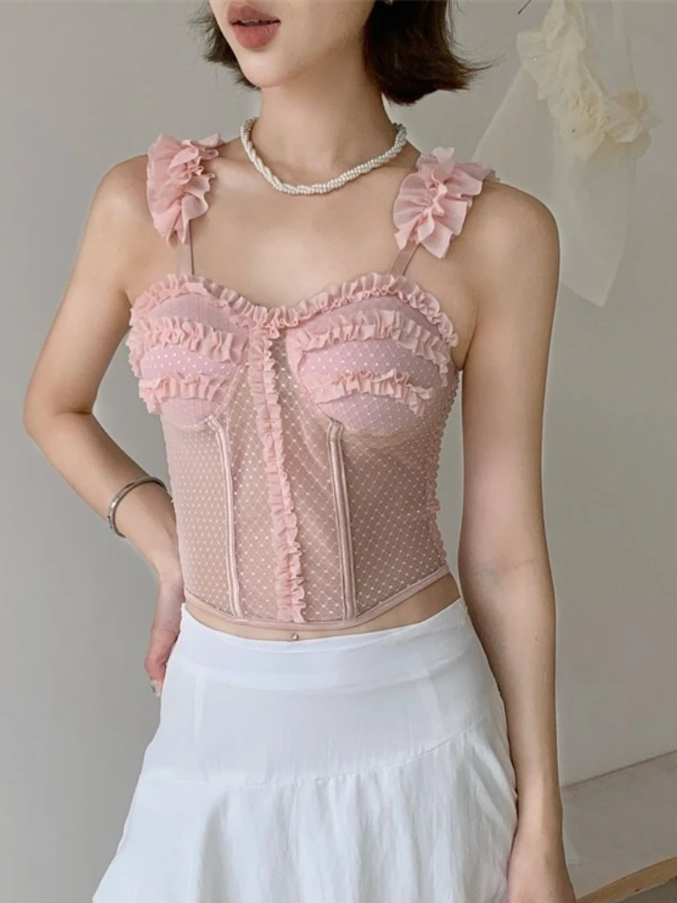 Summer French Lace Fishbone Cami With Built-in Bra Pad Lace Trim Polka Dot Back Design Women Tank Top Sexy See-through Crop Top