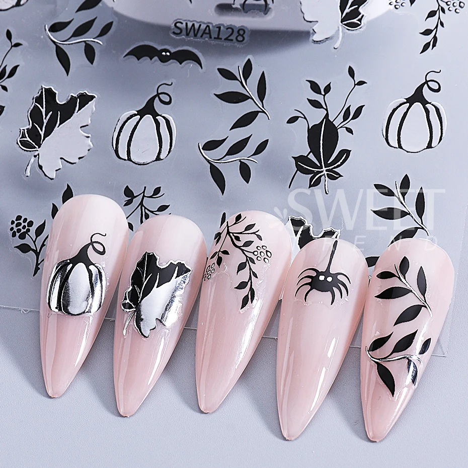 Autocollants pour ongles Halloween 3D en métal, toile d'araignée d'amour fantôme citrouille feuille d'érable, décalcomanies auto-adhésives pour décoration de manucure à faire soi-même, 4 pièces