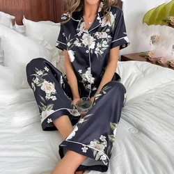 Satin Pajamas for Women Home Clothes Sleepwear Pj Set Autumn Short Sleeve Button Up Top with Lapel Collar & Pants Pyjama Femme