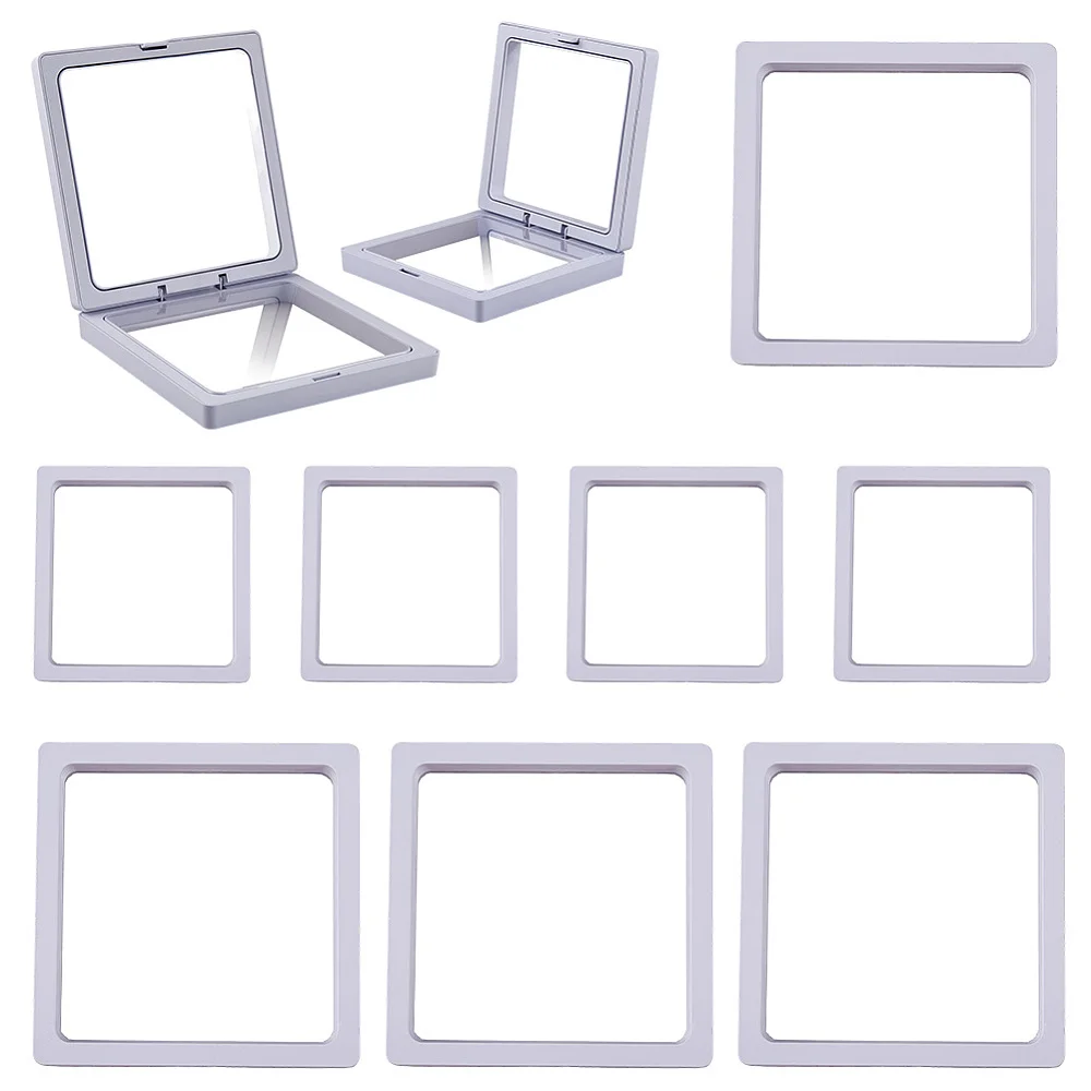 10Pcs 3.5 x 3.5/4.29 x 4.29 Inch White Floating Display Case 3D Floating Frame Transparent Film Square Plastic Box Holder Stands