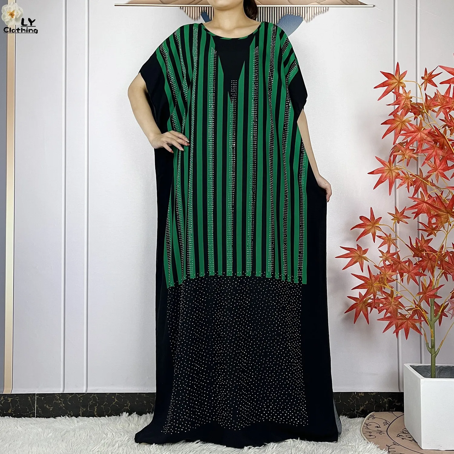 New Dubai Party Summer Short Sleeve Cotton Dresse With Big Scarf Diamonds Stripe Printing Lady Loose Robe African Islam Clothing