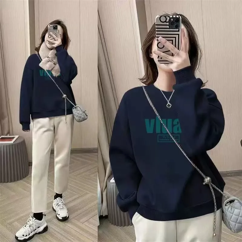 Oversized Crew Neck Sweatshirt for Women, Fleece Lined Thick & Thin Style, Autumn Winter Slimming Casual Top