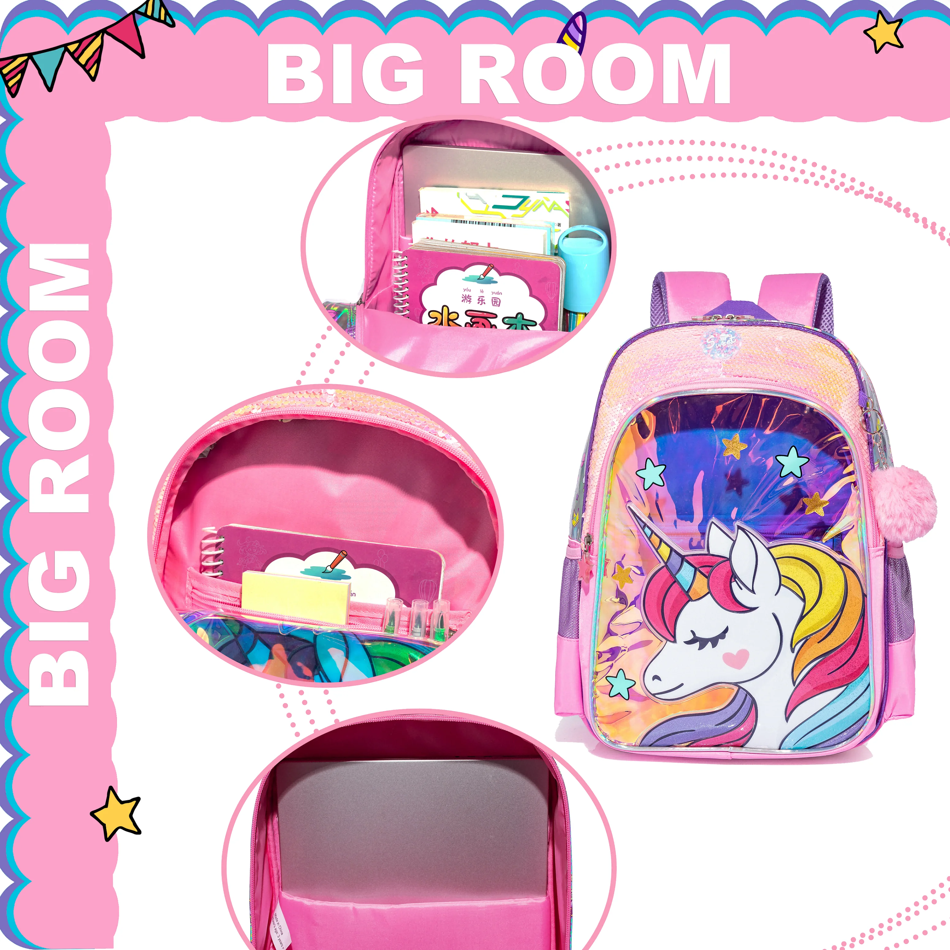 Mochilas escolares Unicorn para meninas adolescentes, Mochila com lancheira, Estojo para lápis, Mochila primária elementar