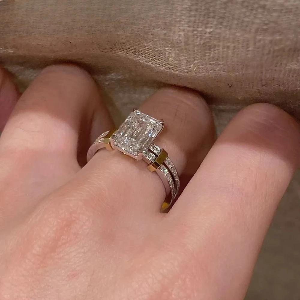 Fashionable 925 Silver Two-tone Gold Double-sided Set Diamond Engagement Ring in French Vintage Style for Women