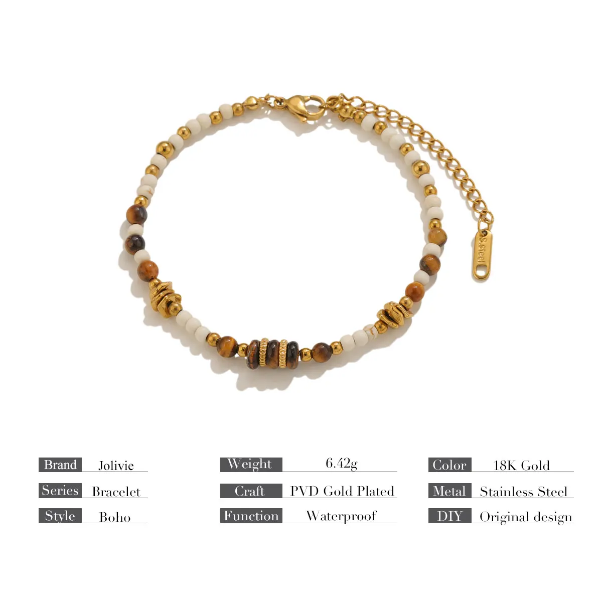Jolivie Edelstahl Naturstein Perlen Armband Damen Trendy Boho Vintage Damen Handarmbänder und Armreifen Schmuck – Detail 1