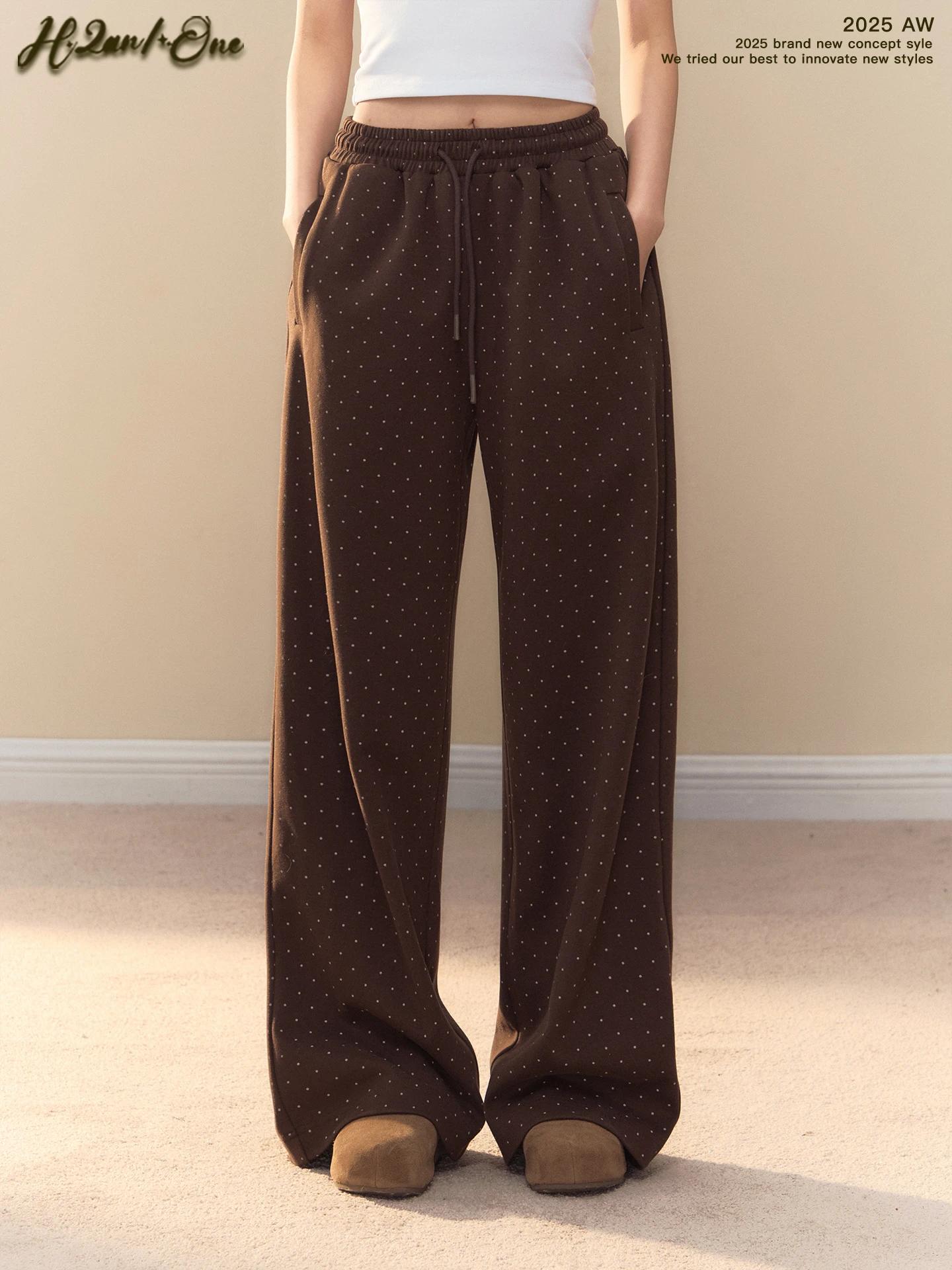 

Широкие повседневные брюки в горошек H2AN STUDIO с высокой талией, женские свободные брюки кофейного цвета, шерстяные длинные брюки