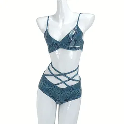 Hope & Win 2022 New Collection Sexy Women Teal Snake Print Two Piece Set Pole Dance Clothing Party Clubwear Erotic