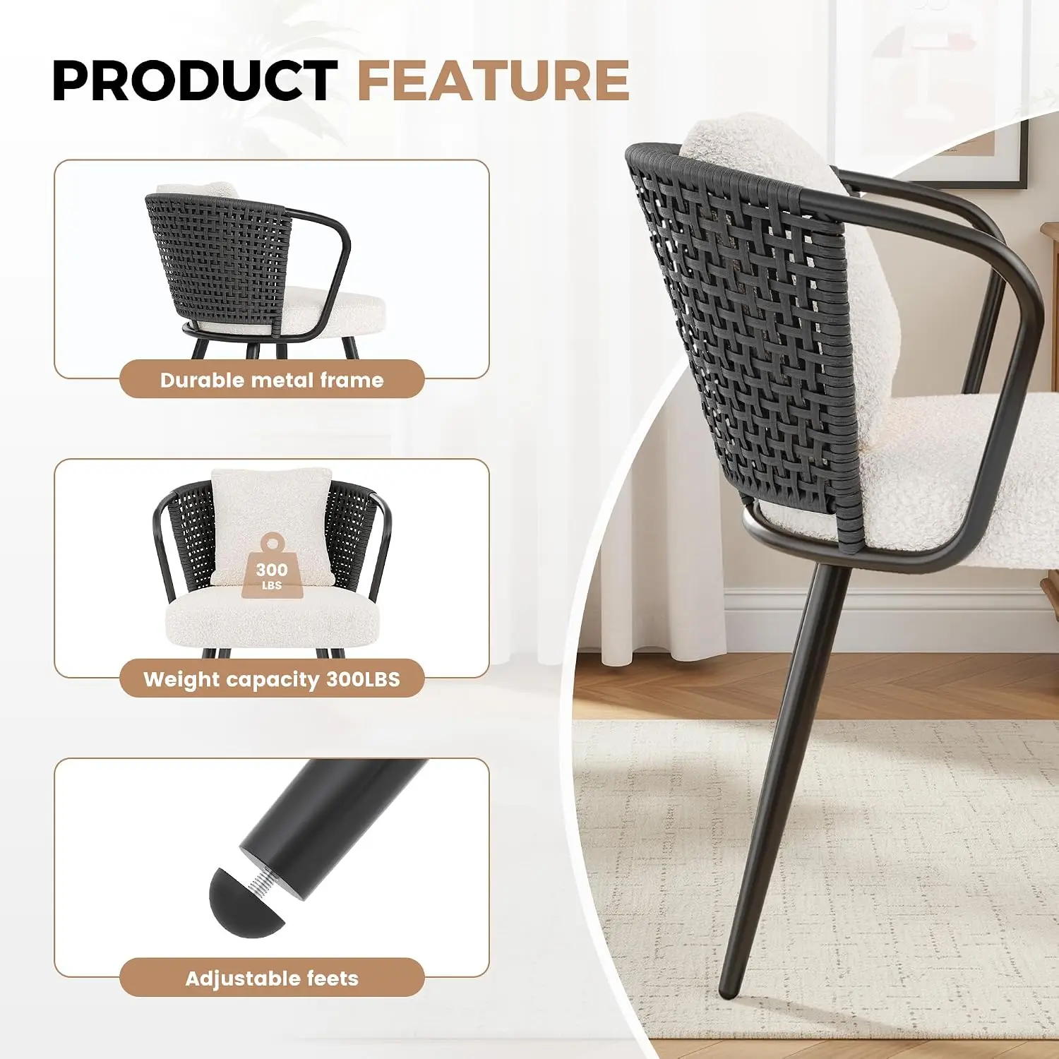 Rattan Dining Chairs Set of 4, Modern Upholstered Kitchen Chair with Metal Legs, Ergonomic Curved Backrest, Mid Century view 3
