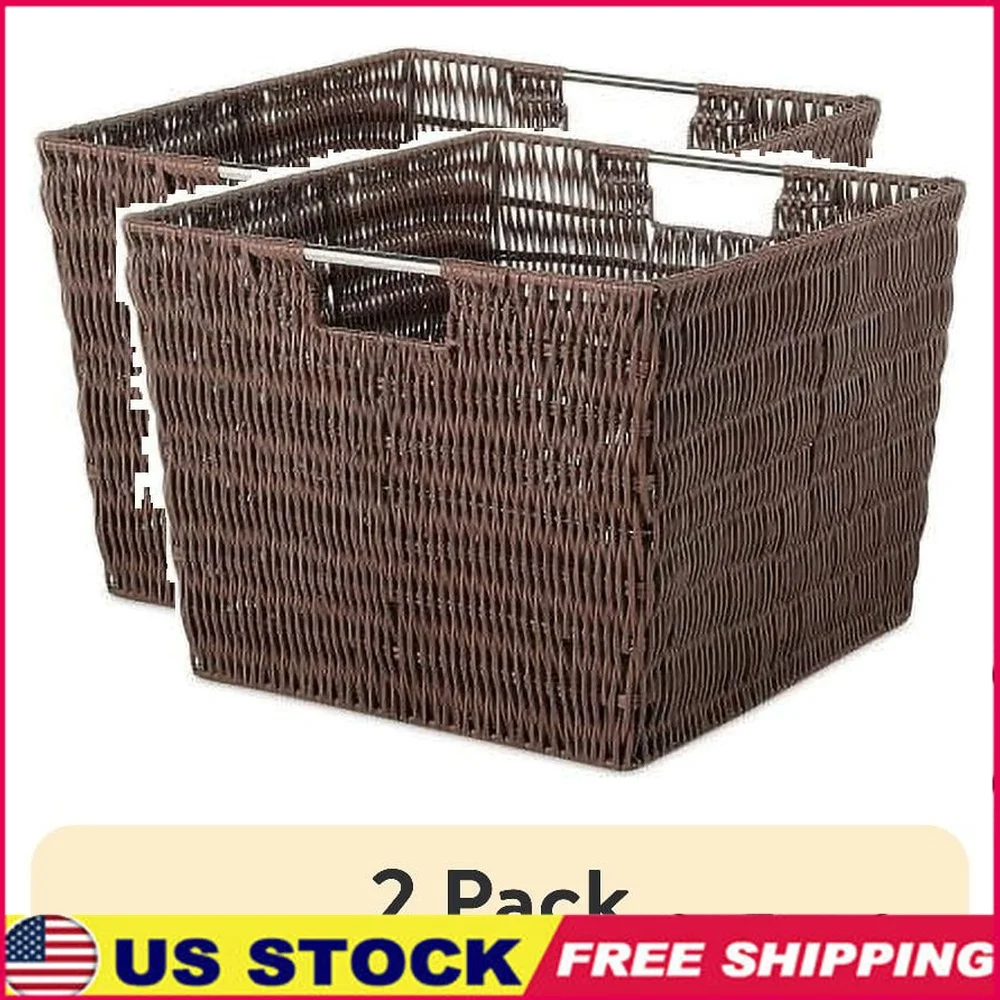 

2 Pack Rattique Storage Baskets Durable Woven Plastic with Stainless Steel Handles Easy Clean Closet Toys Clothing and More