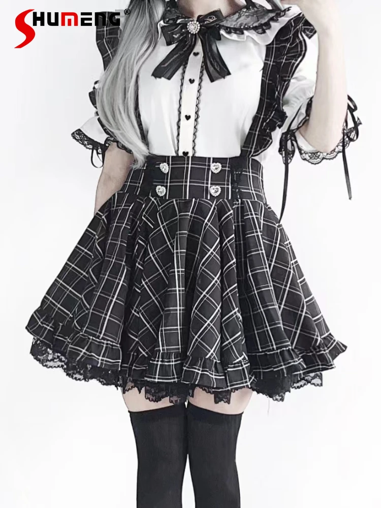 

Japanese Mine Mass-Produced Sweet Cute Lace Stitching Love Diamond Buckle Plaid High Waist Pleated Strap Lolita Skirts for Women