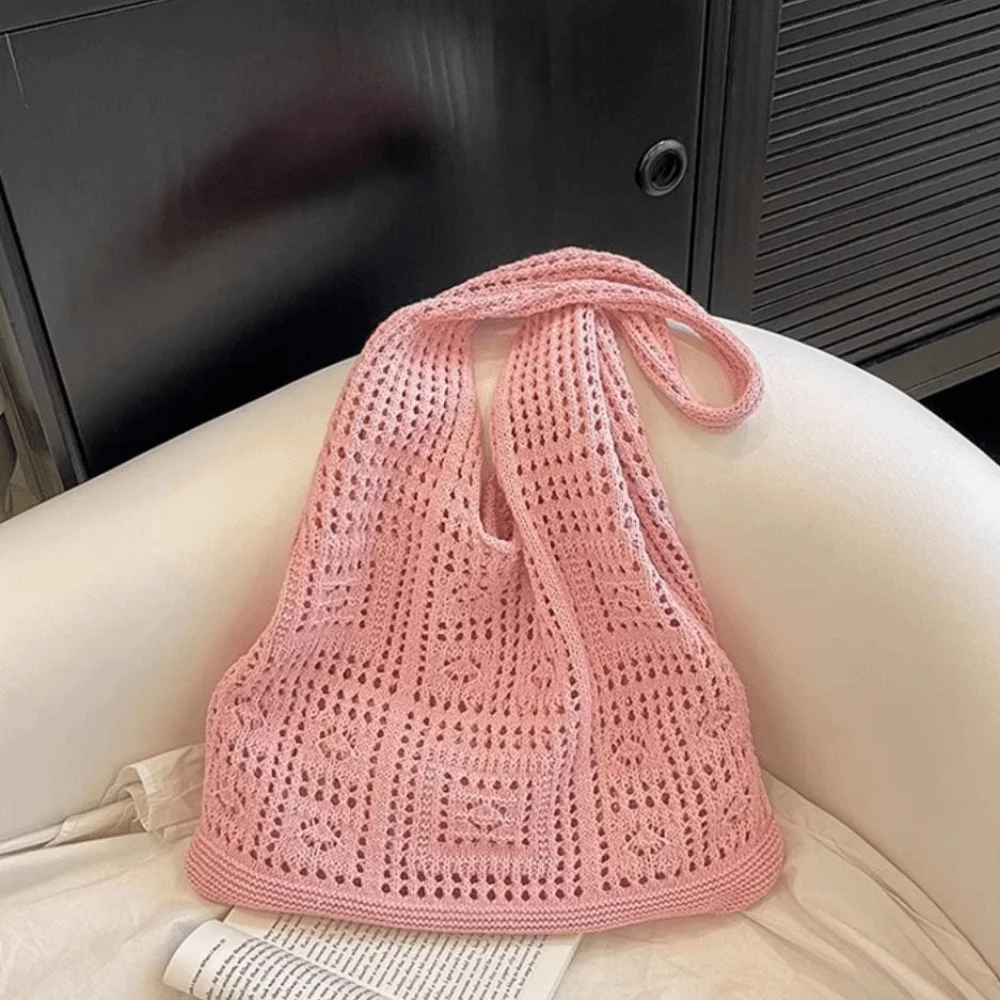 Fashion Solid Color Knitting Shoulder Bag Woven Hollow Crochet Mesh Bag Large Capacity Bohemian Style Shopping Handbag Girls