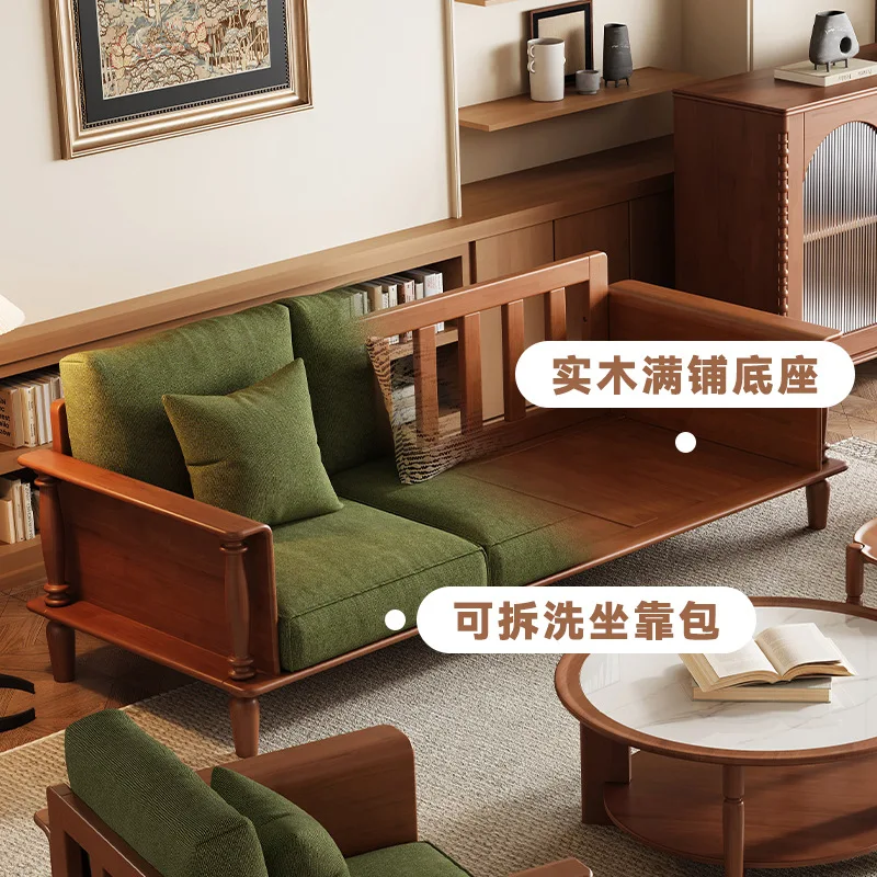 All solid wood sofa living room combination small apartment three-person straight row green cloud sofa