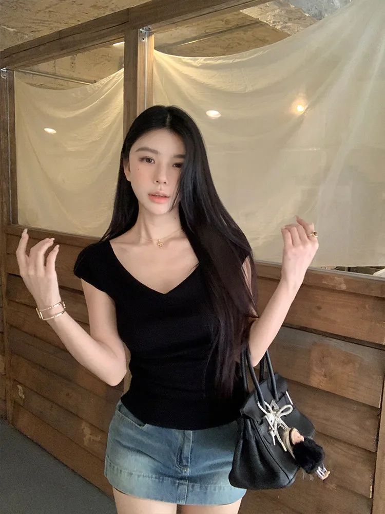 Micro-transparent Knitted Swinging Collar Short-sleeved T-shirt Slim-fitting Small Flying Sleeve Top Female Pullover Tshirts