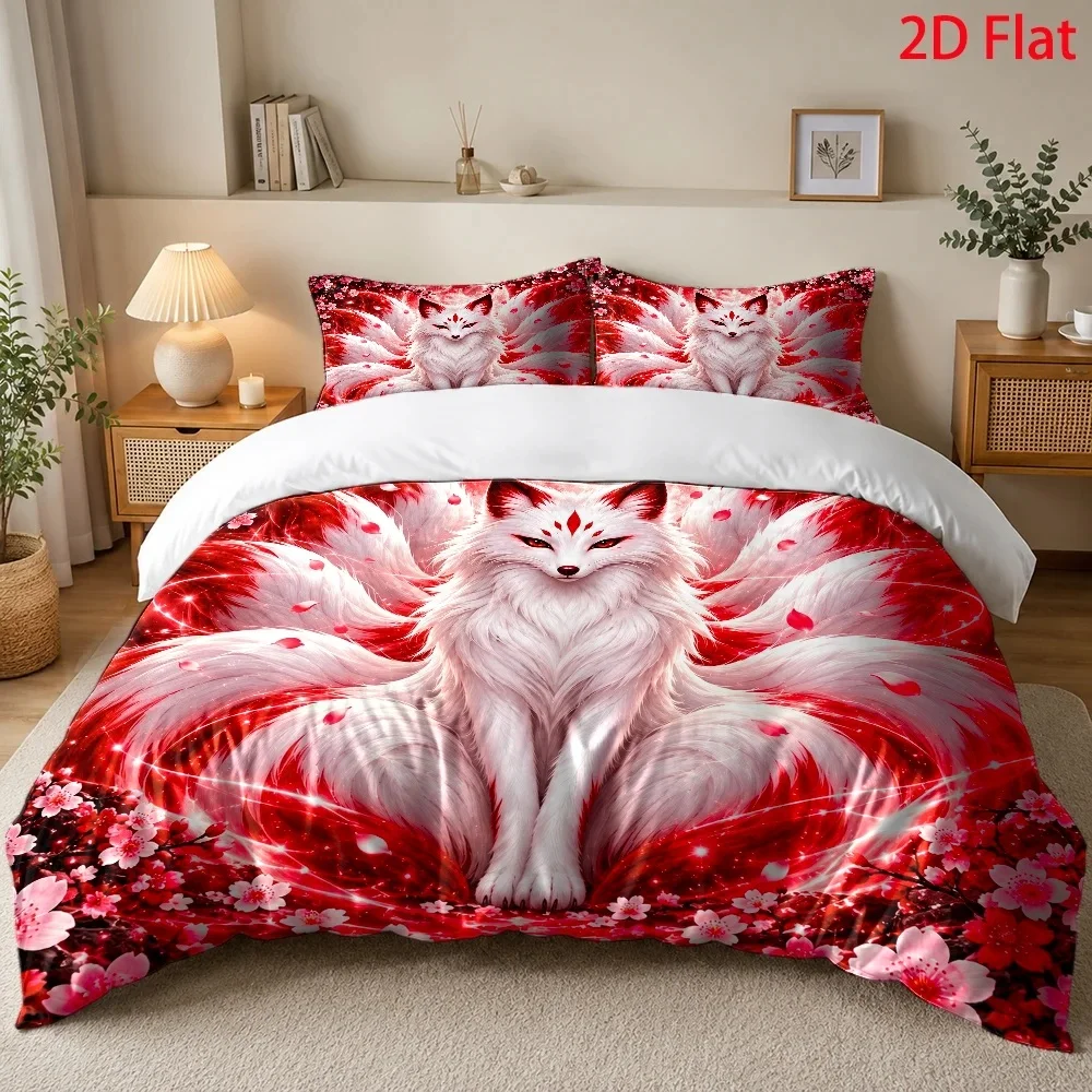 2D Duvet Cover Set Red Fox Nine-Tailed Fox and Cherry Blossom Moonlight Theme, Cyberpunk Fantasy Style Ultra Soft Brushed Bedding 3 Piece Set for Bedroom Hotel