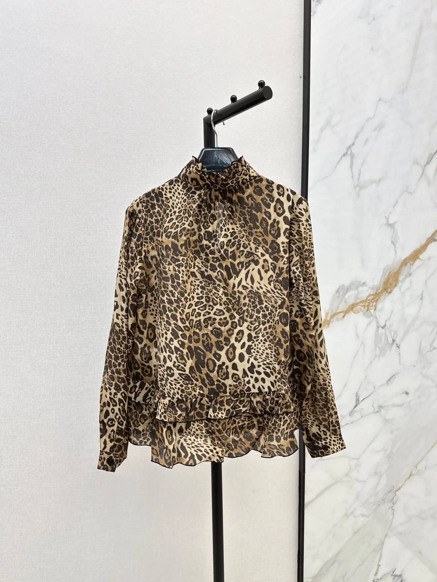 Neckline Tie Cascading Ruffle Long Sleeve Women's Blouse 100% Mulberry Silk Fashion Elegant Leopard Print shirts & blouses