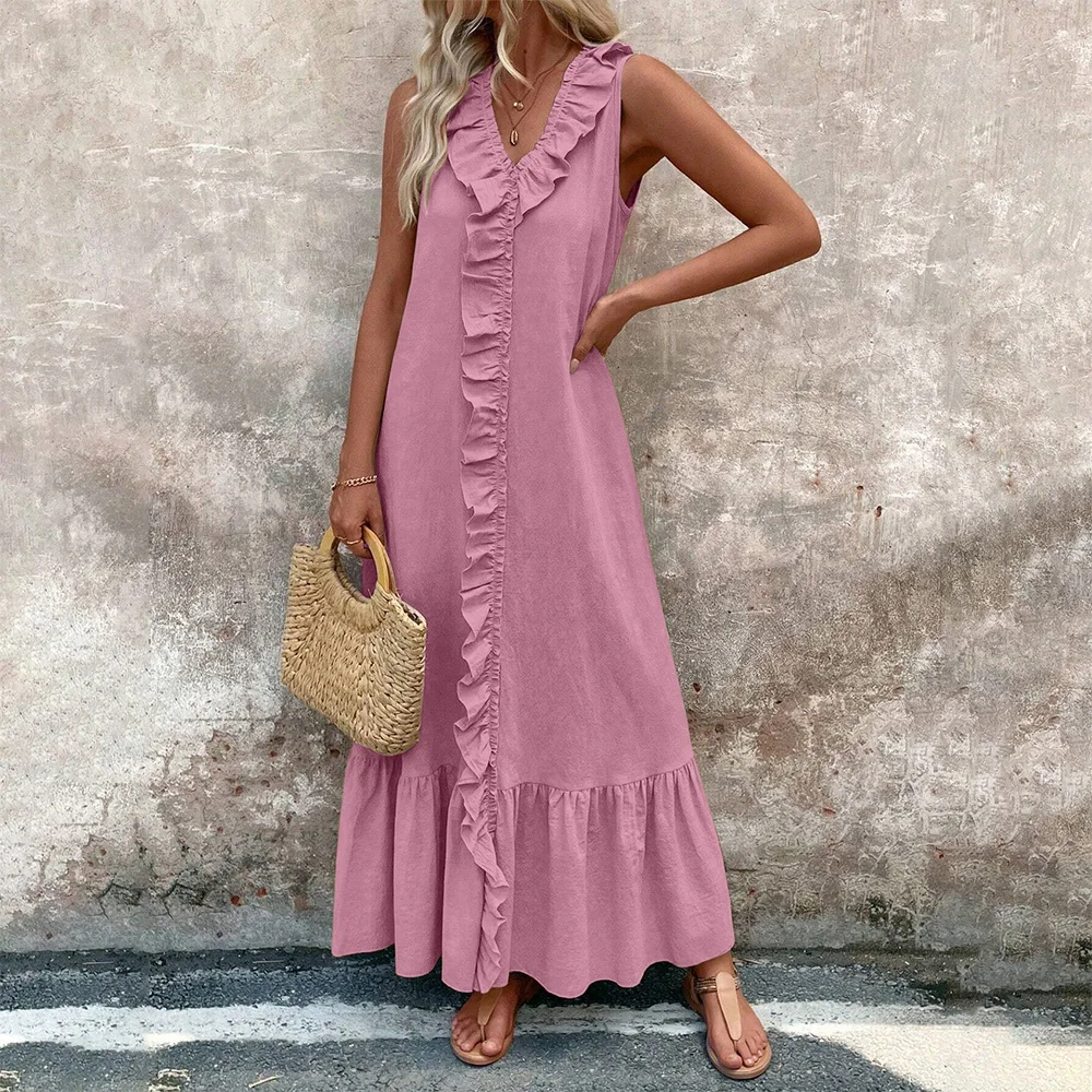 Damska Sukienka Maxi Bez Rękawów z Dekoltem w Serek, Falbankami, Rozkloszowana, Letnia, Codzienna, Luźna, Plażowa, Wakacyjna, Rozmiar S-2XL