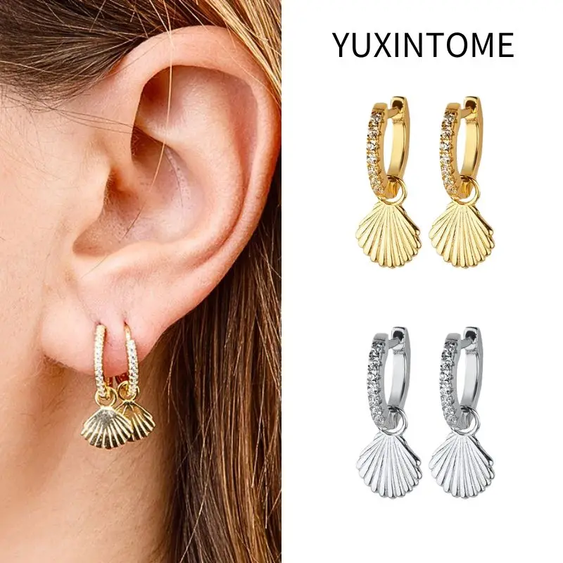 925 Sterling Silver Needle Shell Pendant Earrings Women's Fashion Crystal Geometric Hoop Earrings Party Luxury Jewelry Gift