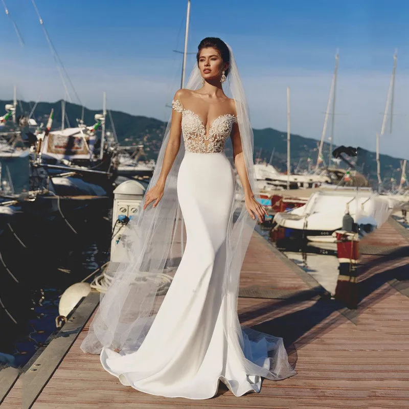Sexy Mermaid Wedding Dresses Beach Vintage Illusion Off The Shoulder O-Neck Lace Bridal Gowns Simple Newest Vestidos De Novia