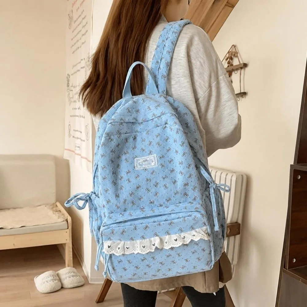 Korean Style Corduroy Backpack Preppy Style Large Capacity Student Backpack Lace Edge Bow Knot Polka Dot Pattern
