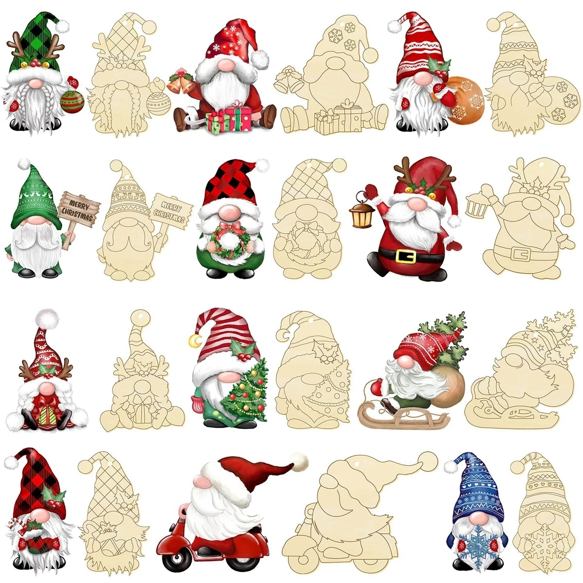 12Pcs Santa Claus Wooden Hanging Pendant Colorful Santa Ornaments For Xmas Party Home Tree Decorations Kids DIY Painting Gifts