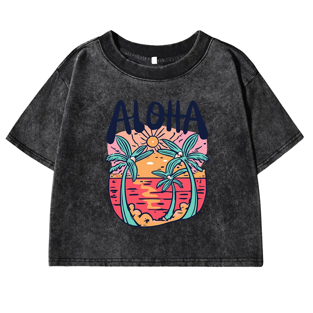 Beach Style Aloha Printing Women T Shirts Washed Fitness Retro Crop Top Summer Sweat Tees Shirt Sports O-Neck  Cotton Tee
