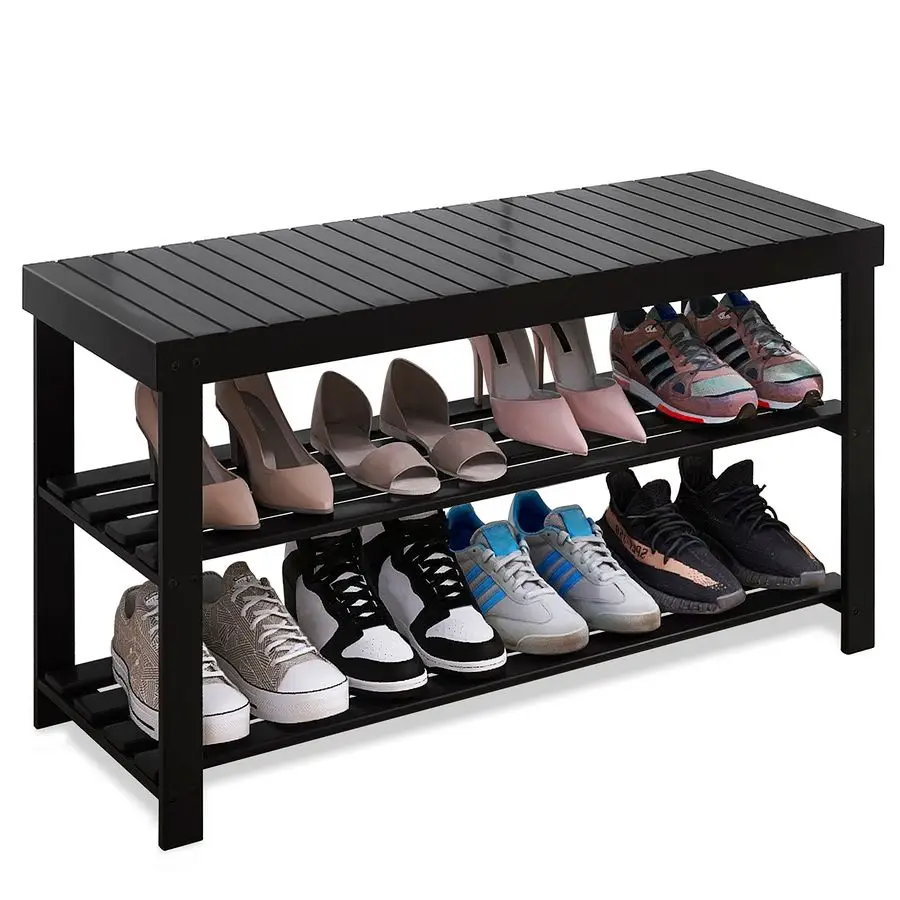 

Bamboo Shoe Rack Bench, 3Tier Shoe Organizer Storage Shelf for Entryway Hallway Bathroom Living Room Black