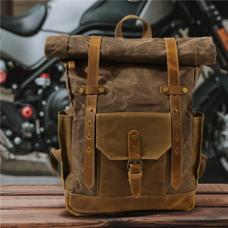 Retro Mad  Leather Canvas Backpack Large Capacity Oil Wax Outdoor Travel Climbing Shoulder Bag British Style Hard Handle