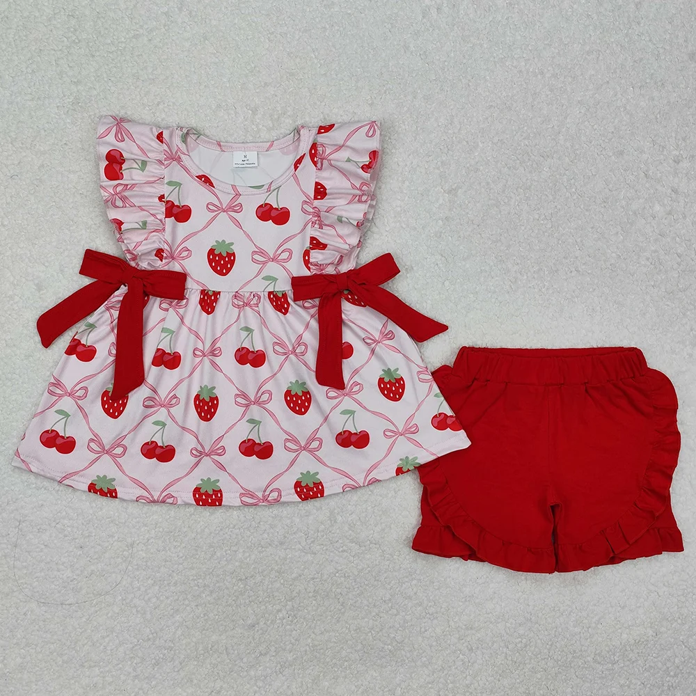 Conjunto de ropa de diseñador para niñas, Túnica con lazos de fresa, Tops con volantes, pantalones cortos, ropa de Boutique para bebés, trajes para niños pequeños, gran oferta