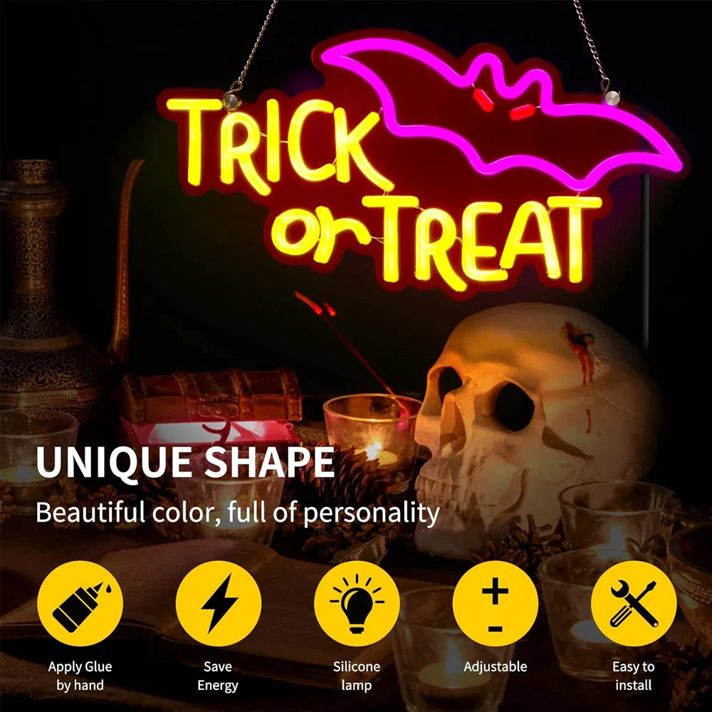 Tanda Neon Halloween, trik atau perlakuan tanda Neon untuk Dekor dinding dapat diredupkan tanda Neon gantung Halloween untuk pintu kopi Salon Bar rumah