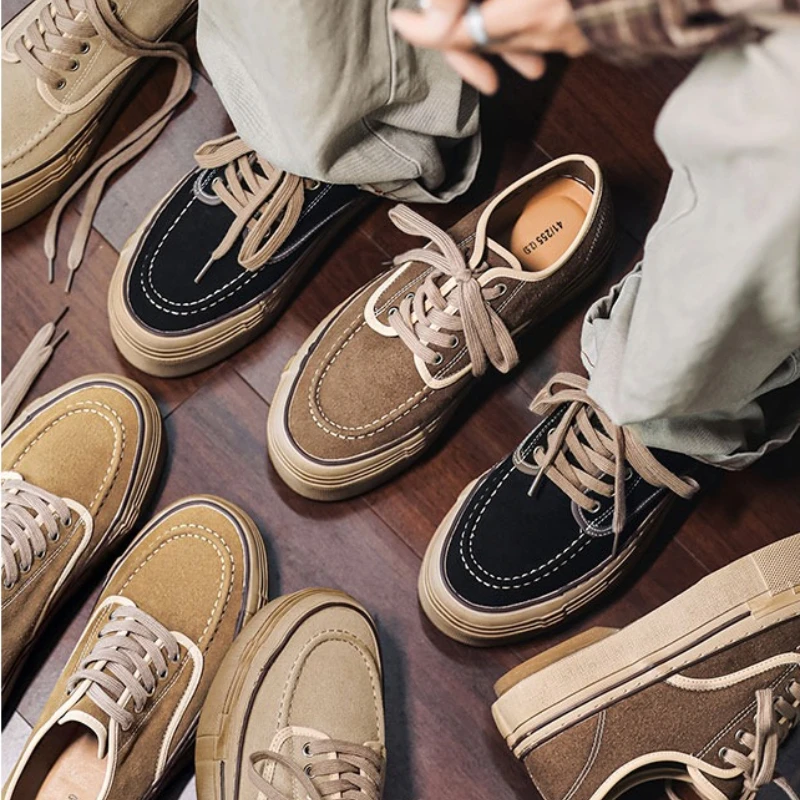 

Men's Slip-on Leather-top Low-heeled Casual Shoes Unique Lace-up Strap Soft Comfortable Fully Vulcanized Fashionable Sneakers.