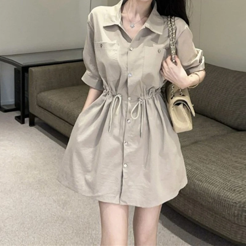New Shirt Casual Petite Mid-length Summer Drawstring Cool Short-sleeved Workwear Sassy Thin Waist Dress