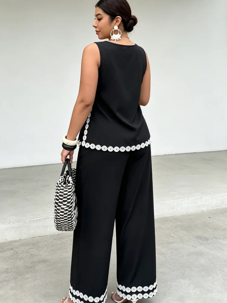 Plus Size Women Two Piece Outfit Sleeveless Top Wide Leg Pants Set White Lace Trim Casual Summer Matching Suit