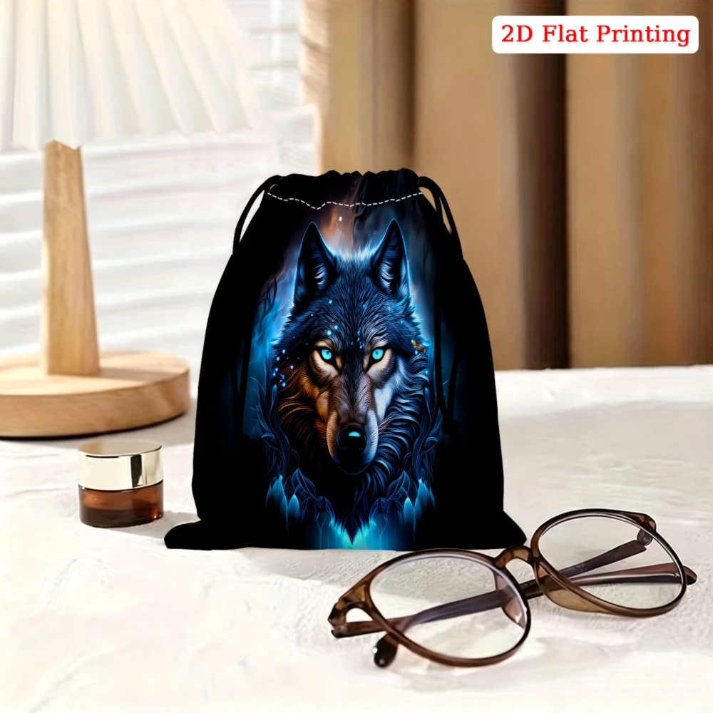 1Pc Wolf Pattern Drawstring Bag Black Blue Animal Print Storage Small Pouch For Travel Gym Sports Organizer Unisex Lightweight