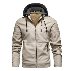 Autumn and winter stand-up collar casual youth zipper pocket fit zipper and fleece hooded men's coat leather