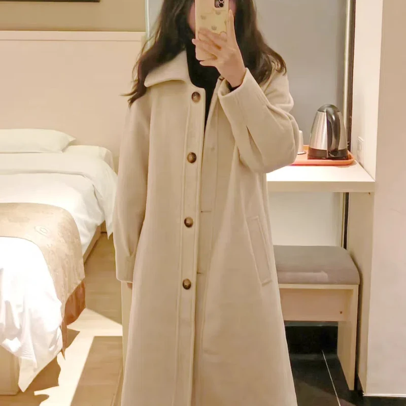 

Long and Thick Hepburn Style Medium Length Woolen Coat with Women's Button Style Small and Trendy Coat