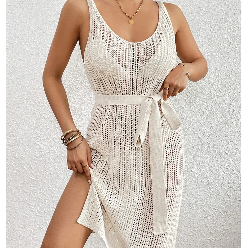 BWQ Knitting Sexy Hollow Lace Up Halter Beachwear Cover-Up Elegant Texture Side Slit Tunic Dress Women's Beach Sunscreen Dress