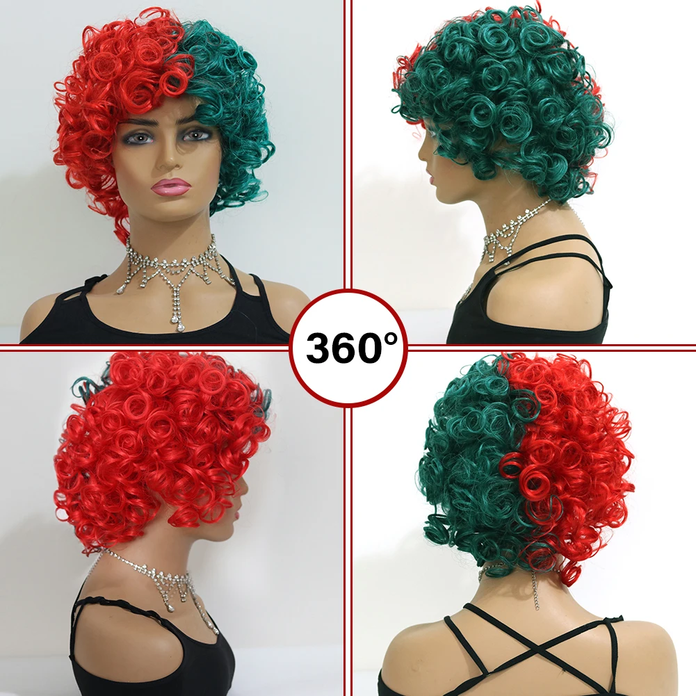 باروكات الهالوماس المهرج، شعر صناعي قصير منفوش ومجعد أحمر وأخضر للنساء للحفلات التنكرية #2