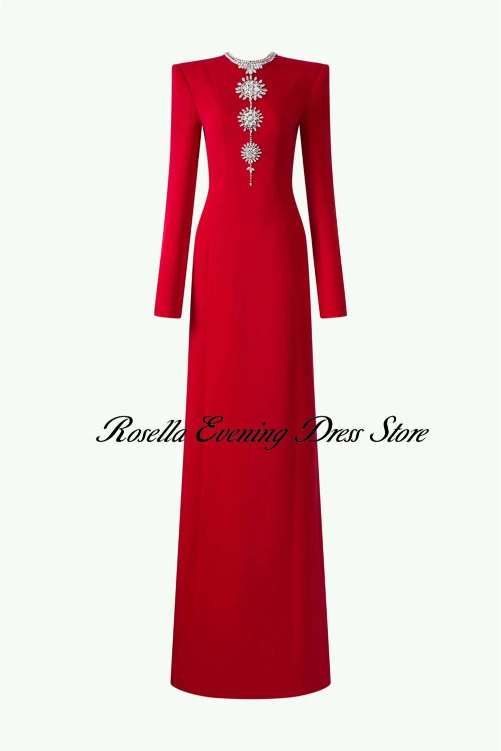 ROSELLA Red O Neck Evening Dresses Crystal Floor Length Straight Formal Occasions Dress Elegant Party Dresses for Women