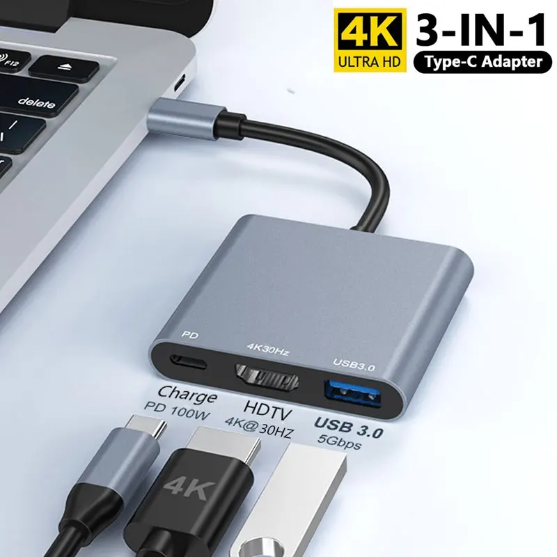 4K HDMI-Compatible 3-in-1 USB C Hub  USB 3.0, 100W Power Delivery, Stable HUB Adapter for MacBook, Chromebook, Steam Deck