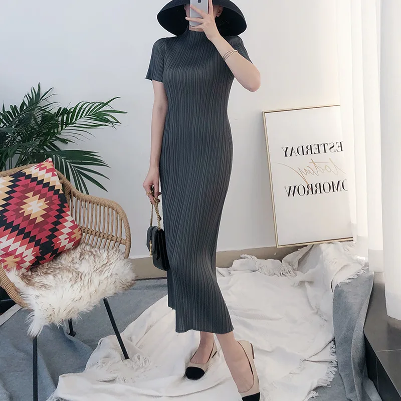 

ALSEY Miyake Pleated Women Dress Summer New Elegant Casual Daily Wear Basic Turtleneck Long Dress Female Aesthetic Clothes