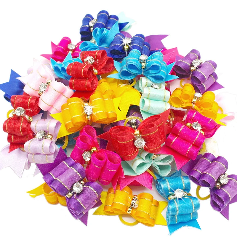 10Pcs 20Pcs/lot Dog Hair Bows Rubber Band Mixed Colors Cat Grooming Hand-made For Pet Puppy Cat Bowknot Mini Accessories