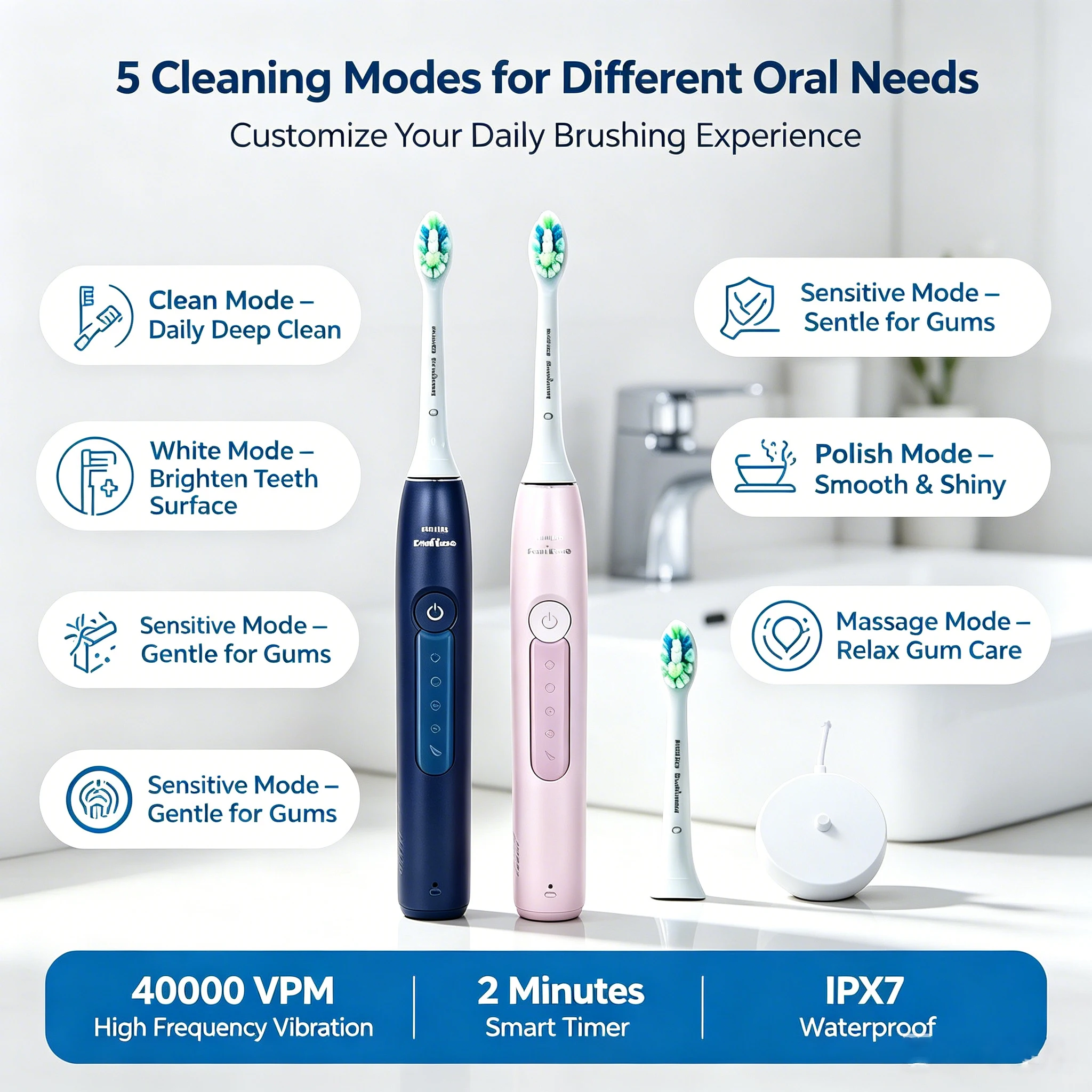 Philips HX5171  DiamondClean 3 Series Toothbrush Microbubble Water Flow Tech Pressure Control 2 Replacement Heads