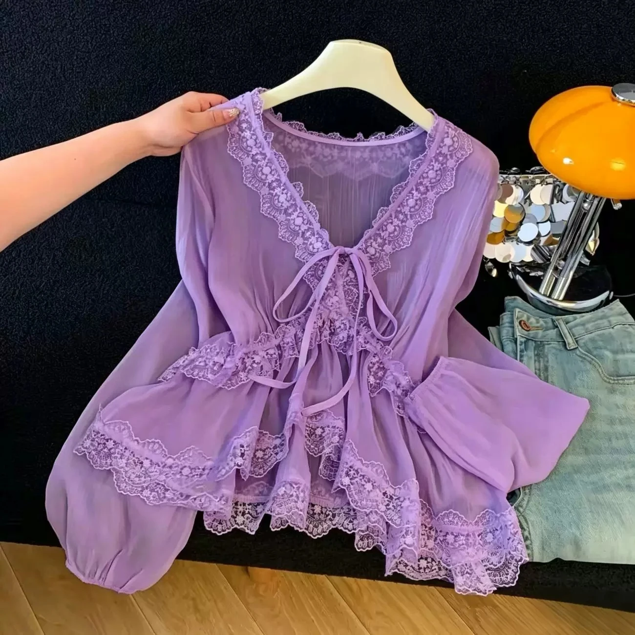 Spring Summer Women V Neck Lace Patchwork High Waisted Irregular White Green Purple Black Chiffon Top Shirt , Woman Fashion Tops